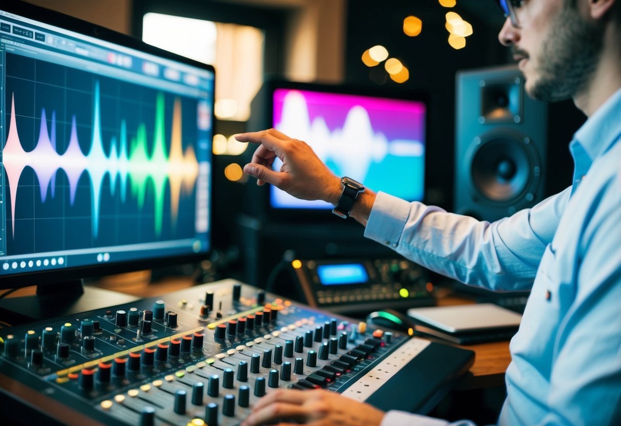 A sound engineer adjusts knobs on a mixing console while colorful waveforms dance on a computer screen, surrounded by speakers and audio equipment
