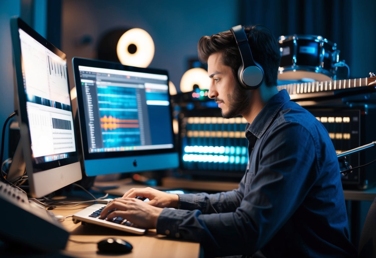 A person at a computer, surrounded by musical instruments and equipment, organizing and arranging music files on a digital interface