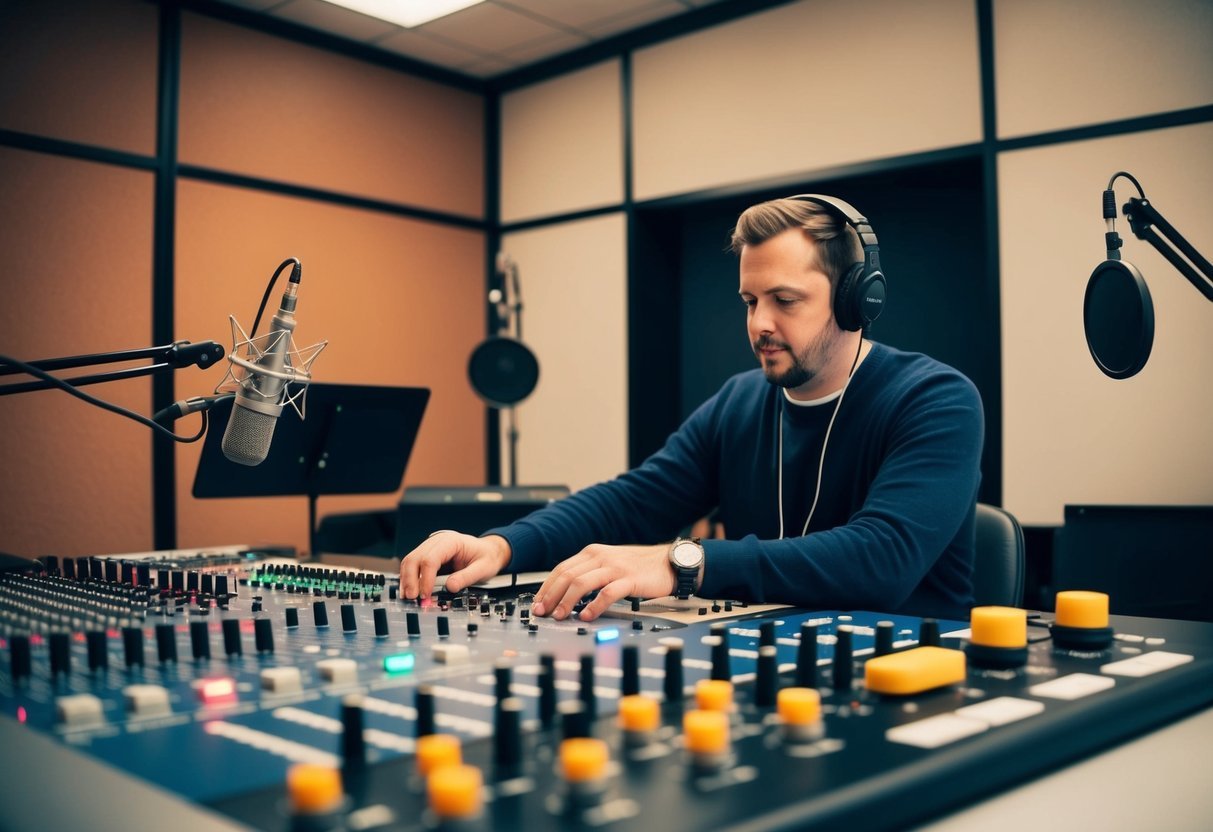 A recording studio with a mixing board, soundproof walls, microphones, and headphones.</p><p>A producer sits at the control desk, adjusting levels
