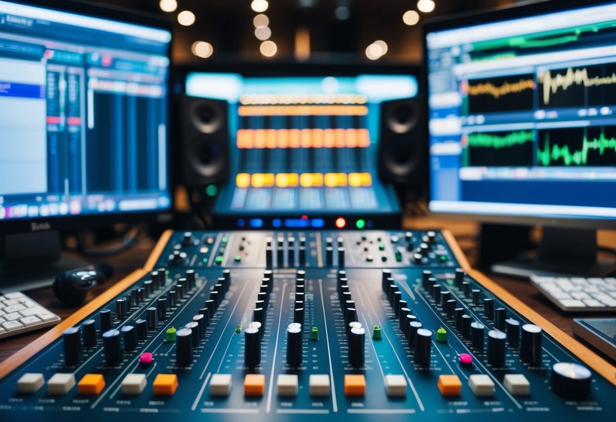 A mixing board with various knobs and sliders, surrounded by audio equipment and computer screens, representing the process of mastering music for different formats