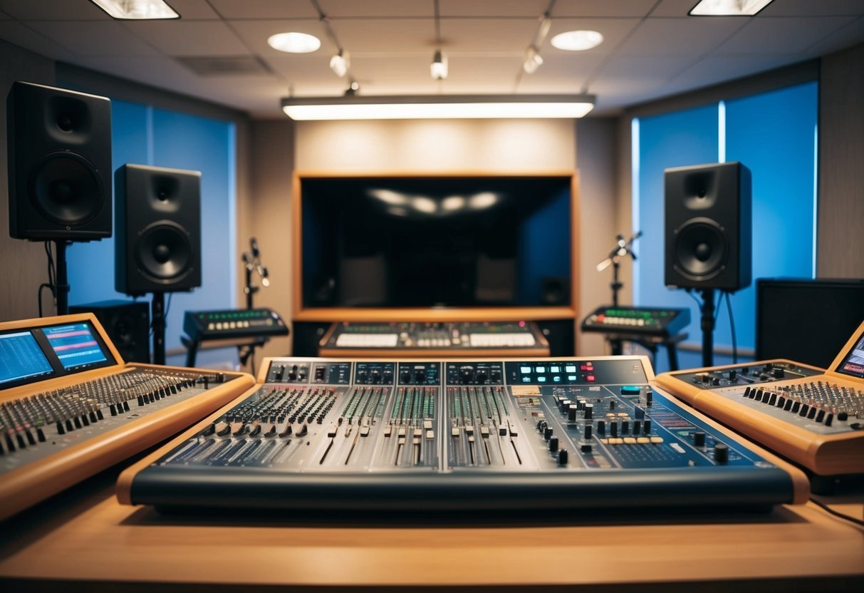 A recording studio with sound equipment, mixing boards, and musical instruments arranged for a lesson on song structure and arrangement
