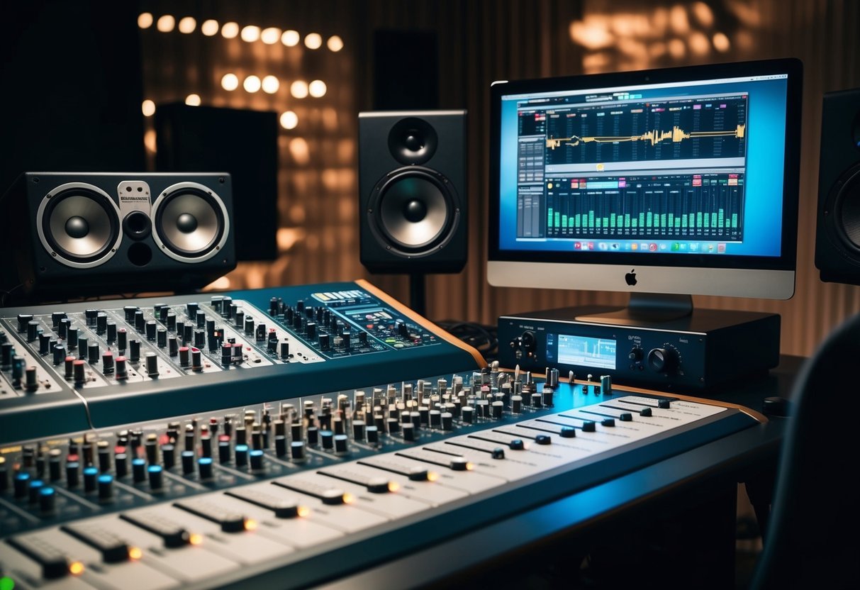 A mixing console with various knobs and sliders, a computer screen displaying audio waveforms, and a pair of studio monitors in a dimly lit recording studio