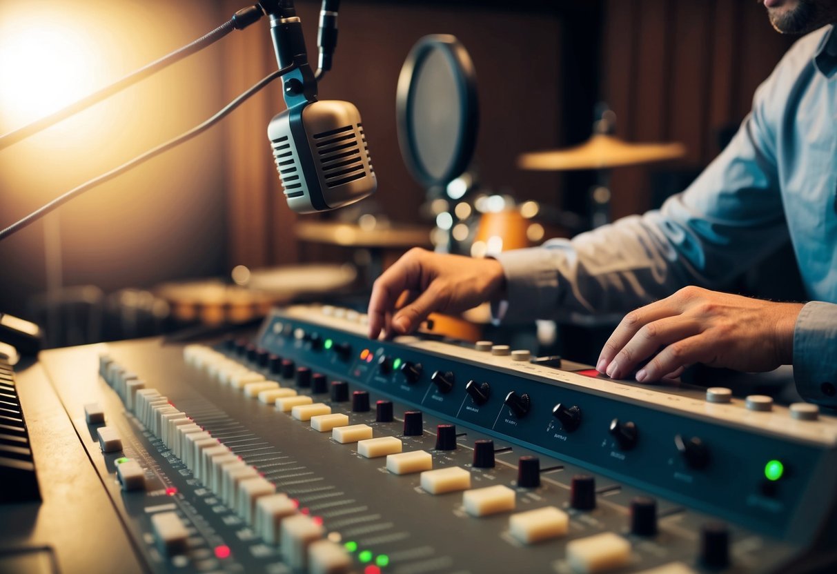 A producer adjusts dials on a soundboard, while a microphone captures the sound of instruments in a recording studio
