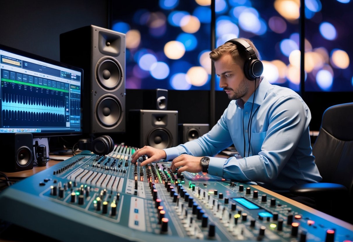 A sound engineer sits at a mixing console, adjusting levels and effects while a computer screen displays audio waveforms and settings.</p><p>Multiple speakers and headphones are scattered around the room