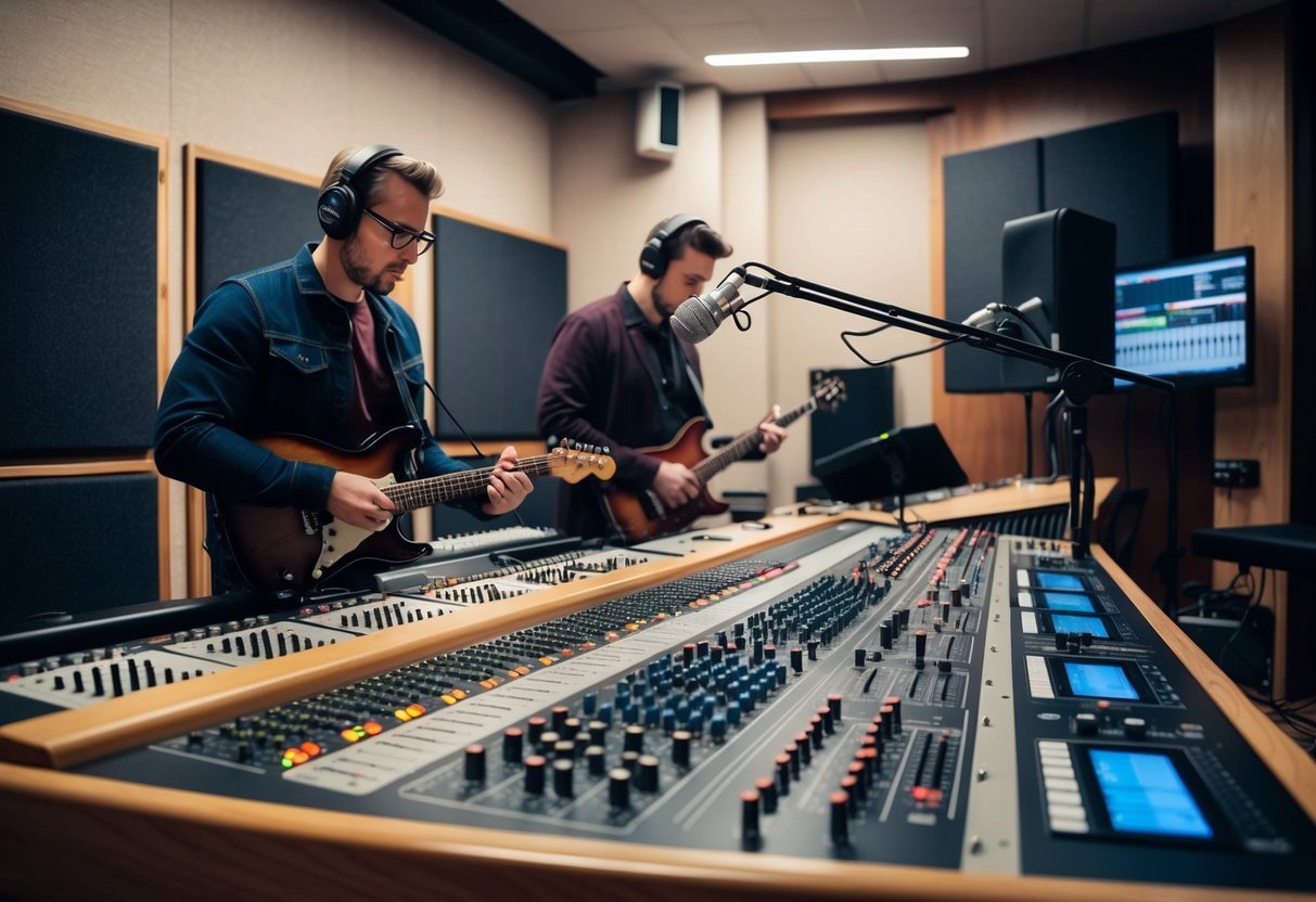 A recording studio with a mixing console, microphones, and soundproofing panels.</p><p>A producer adjusts settings while a musician plays an instrument