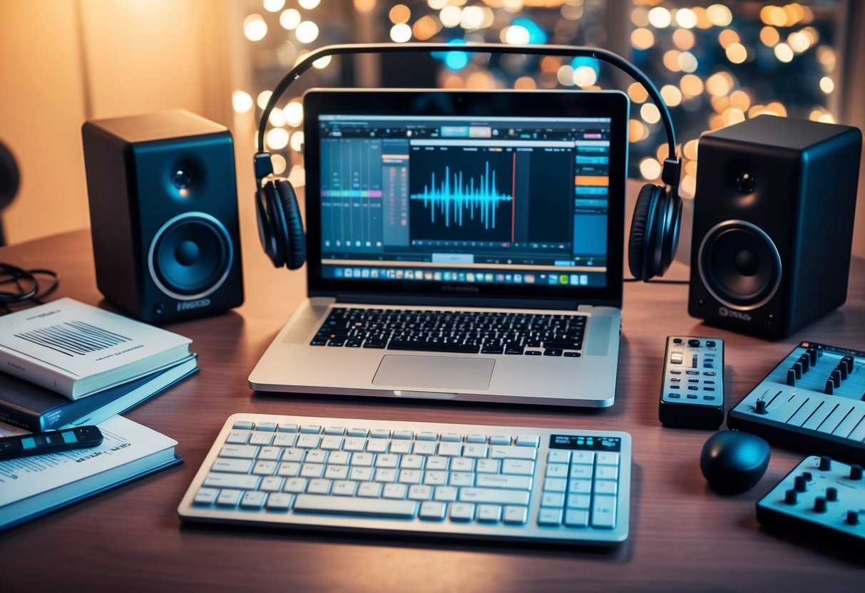 A producer's desk with a laptop, MIDI keyboard, and audio interface surrounded by music theory books and sound recording equipment