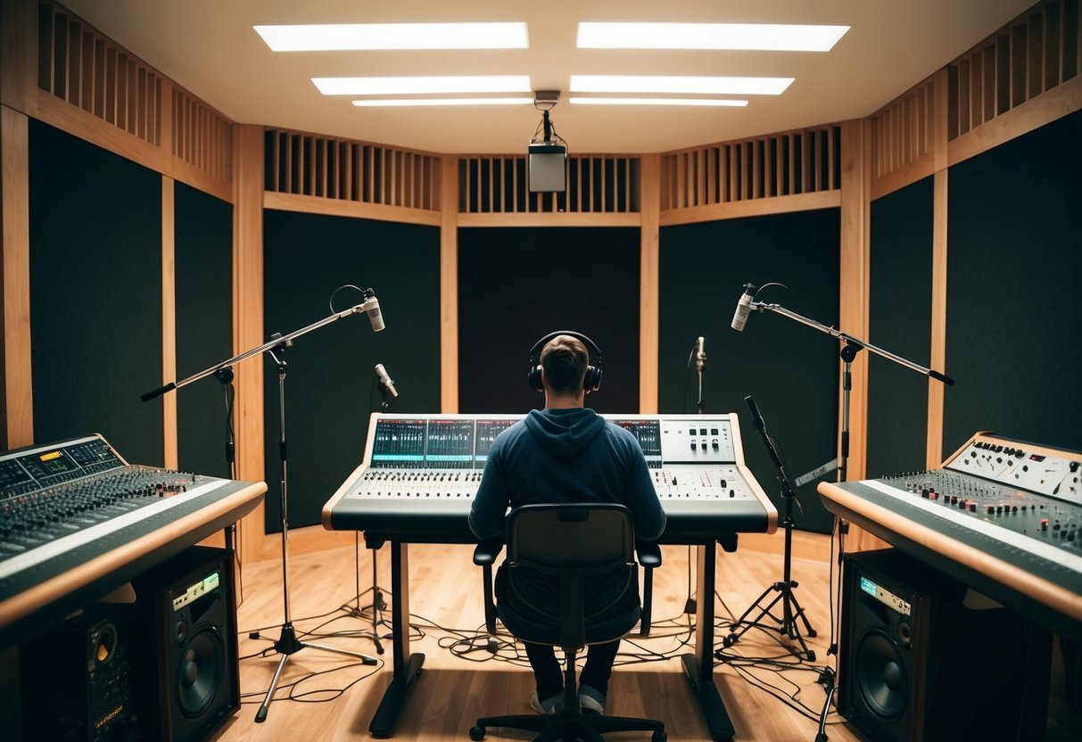 A recording studio with soundproof walls, mixing boards, microphones, and instruments, with a producer at the center creating music