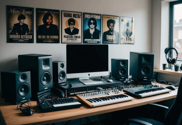 Music studio with speakers, computer, keyboards, and posters on the wall