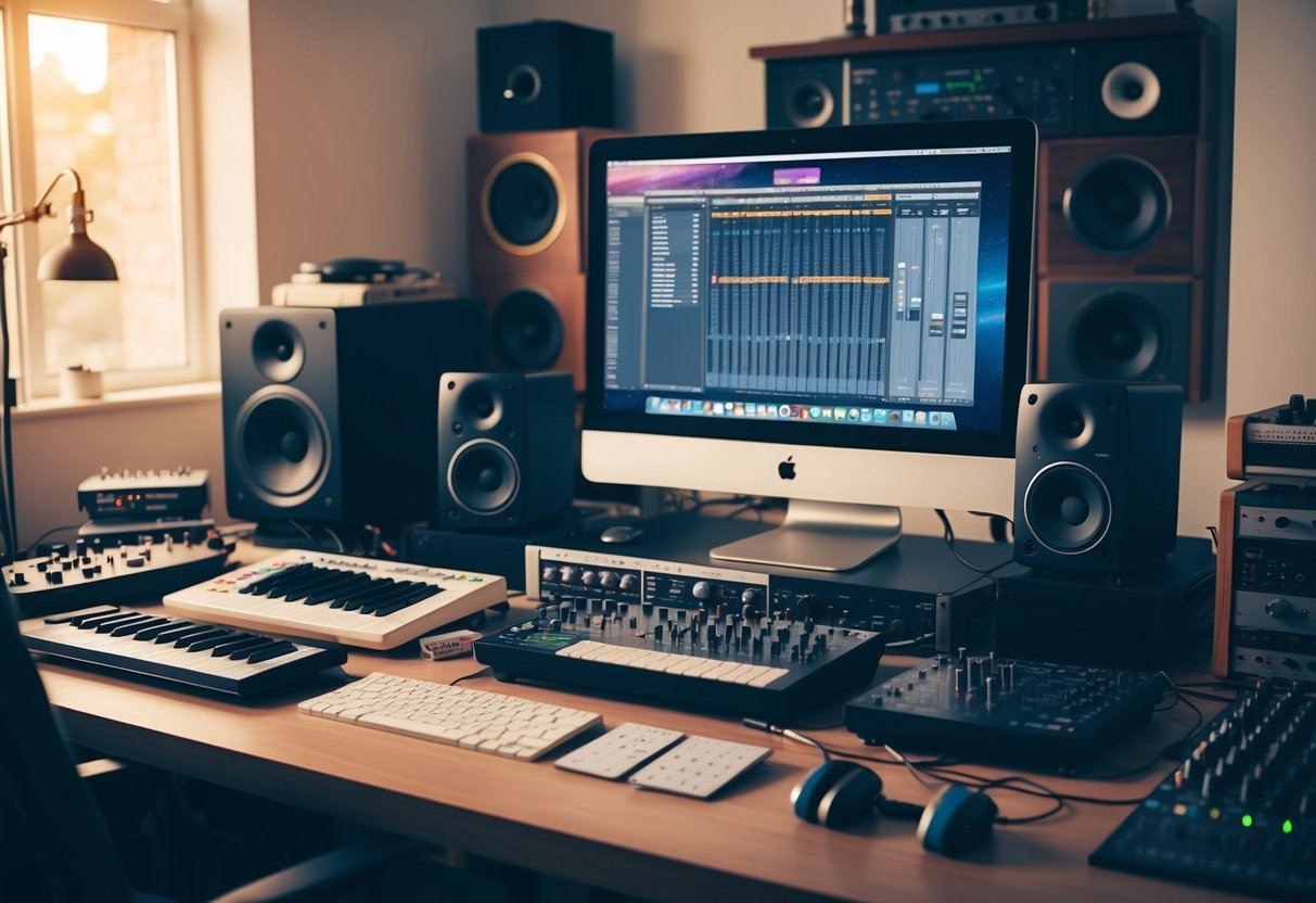 A cluttered desk with a computer, MIDI keyboard, mixing board, and headphones.</p><p>Various musical instruments and sound equipment are scattered around the room