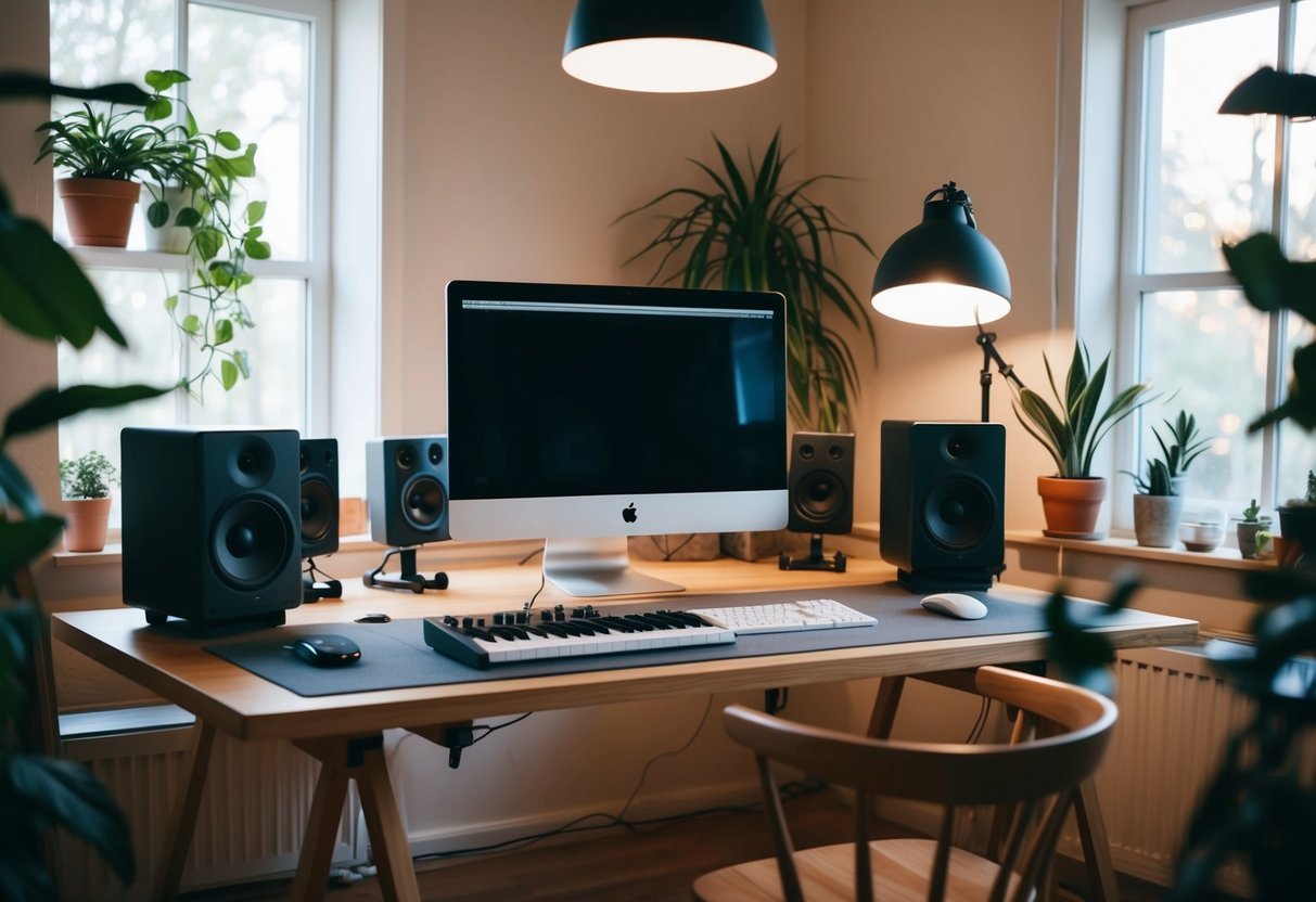A cozy home studio with a desk, computer, keyboard, speakers, and musical instruments.</p><p>Soft lighting and plants create a relaxed atmosphere for music production