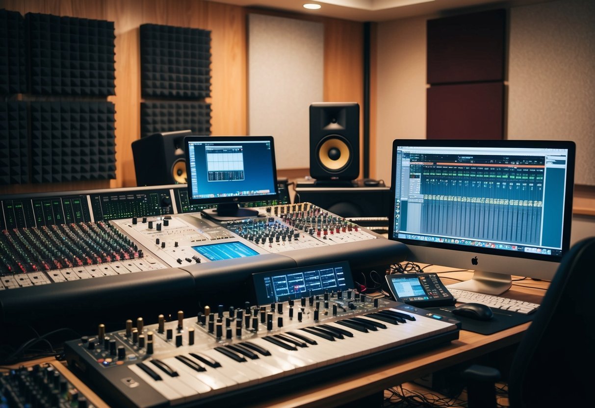 A cluttered studio with mixing boards, instruments, and soundproofing panels.</p><p>A computer screen displays a digital audio workstation
