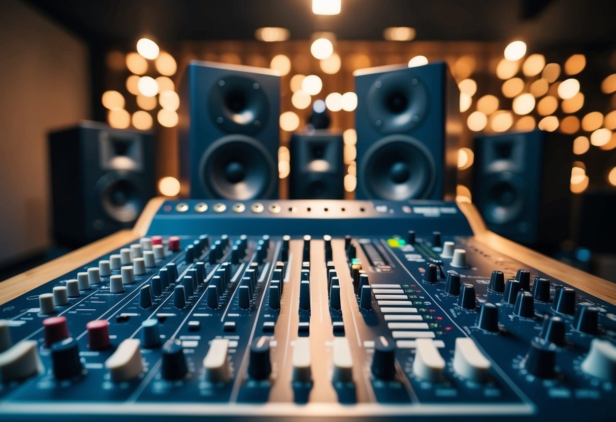 A mixing board with various knobs and sliders, surrounded by speakers and sound equipment in a dimly lit studio