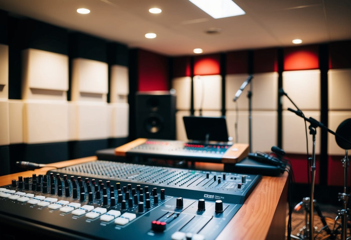 A recording studio with a mixing board, instruments, and soundproof walls