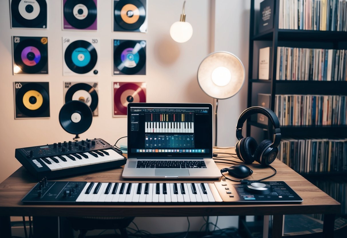 A cluttered desk with a laptop, MIDI keyboard, mixing board, and headphones.</p><p>Posters of music icons line the walls, and shelves are filled with vinyl records and music production books