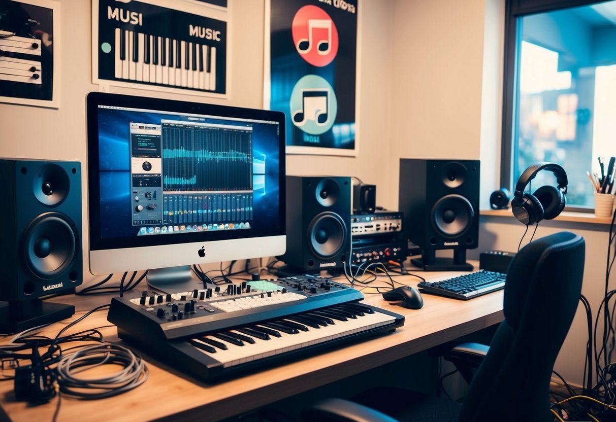A cluttered desk with a computer, MIDI keyboard, speakers, and headphones.</p><p>Posters of music icons adorn the walls, while cables and instruments are scattered around the room