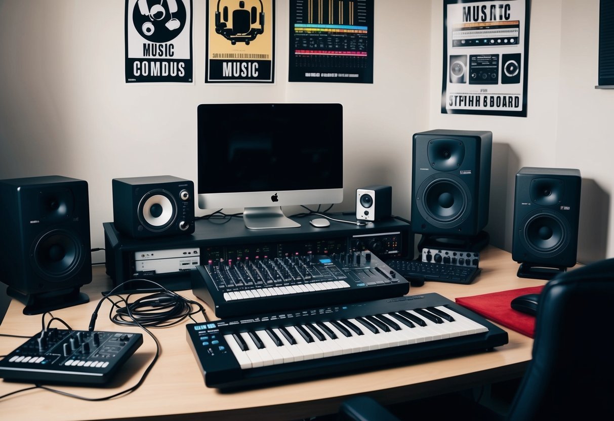 A cluttered desk with a computer, MIDI keyboard, mixing board, and headphones.</p><p>Posters of music icons adorn the walls