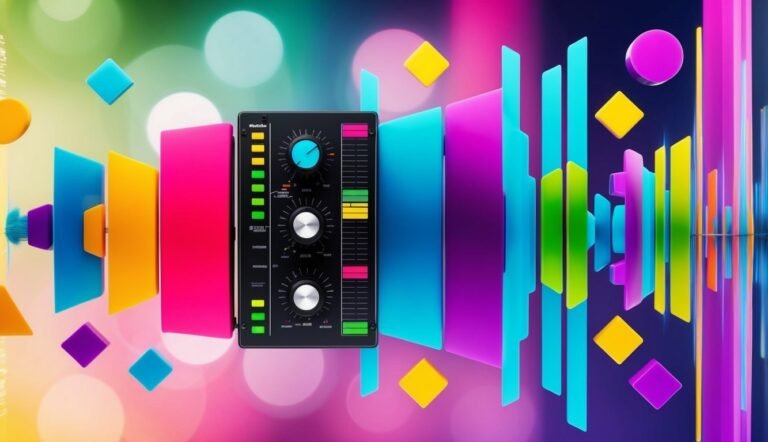 Black audio mixer with colorful geometric shapes and background