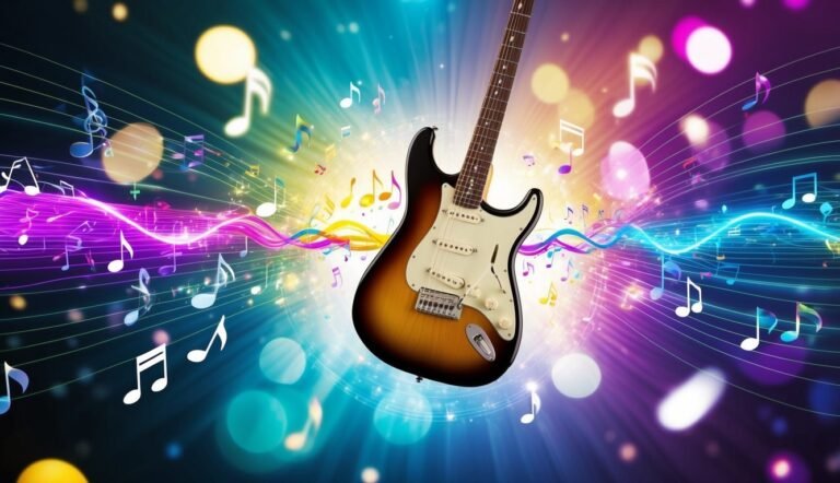 Electric guitar with musical notes and colorful, abstract background