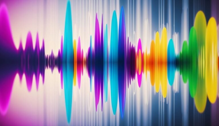 Colorful abstract sound wave pattern with vertical lines in the background