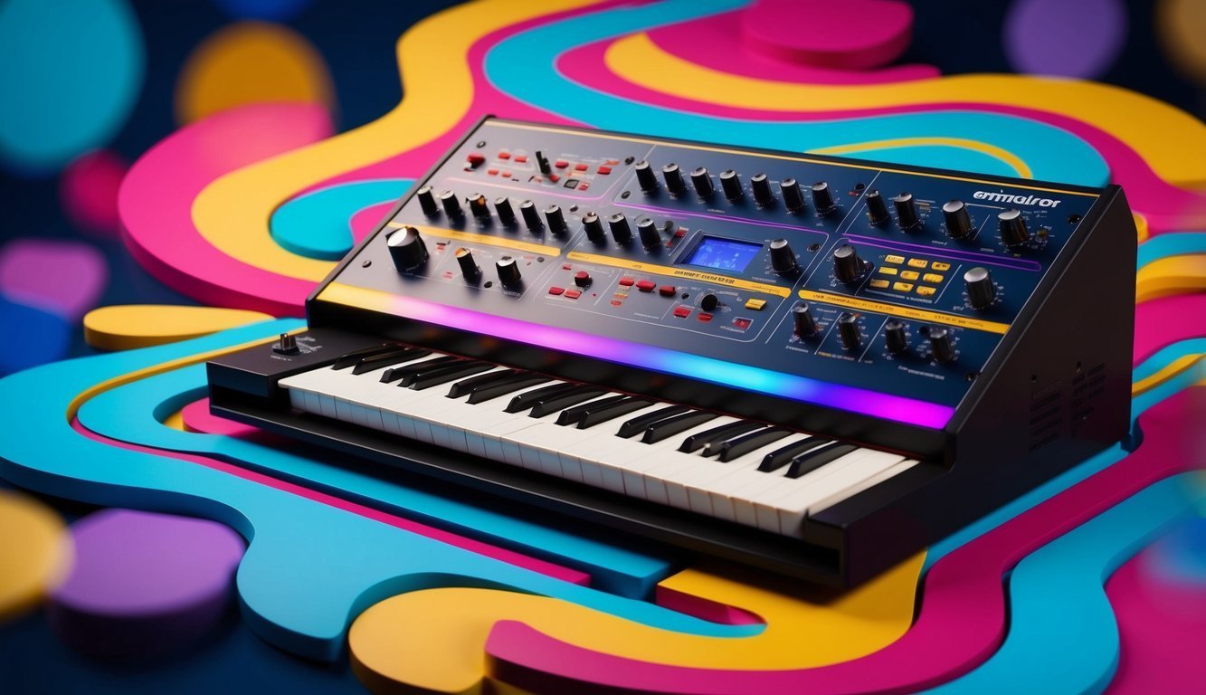 Synthesizer keyboard with knobs and buttons, set against colorful abstract background