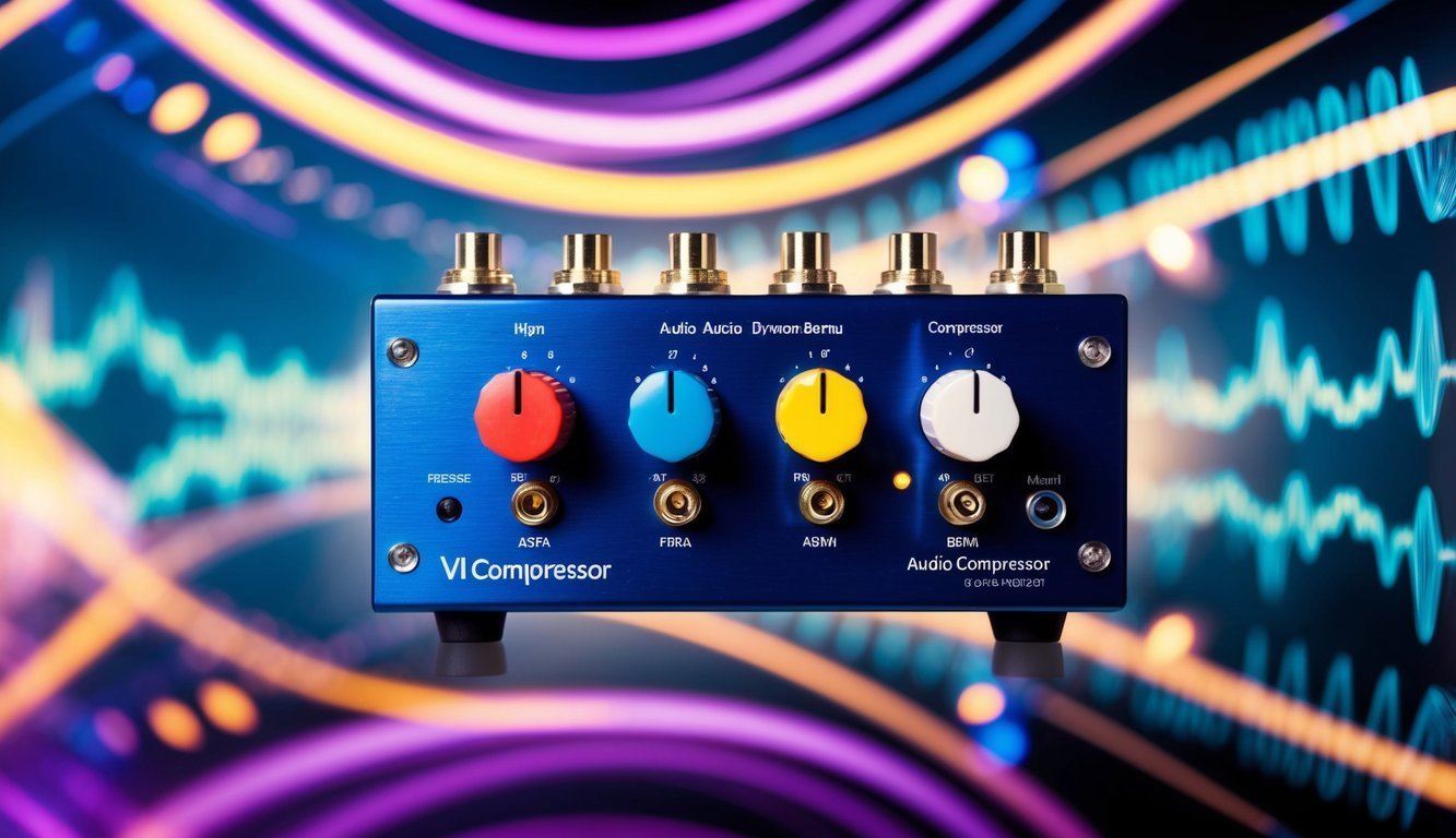 Blue audio compressor with colorful knobs and waveform background