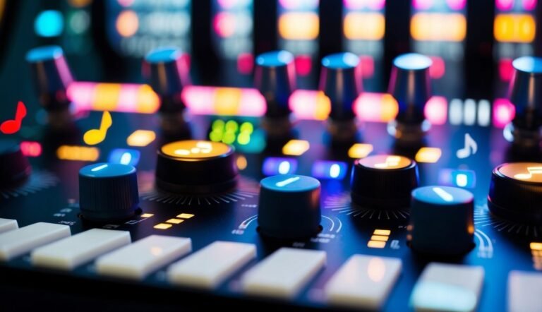 Close-up of a music mixing board with knobs, buttons, and glowing lights