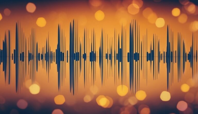Blue sound wave graphic on an orange background with bokeh lights