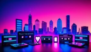Neon cityscape with cassette tapes and a glowing heart in the foreground