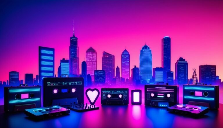Neon cityscape with cassette tapes and a glowing heart in the foreground