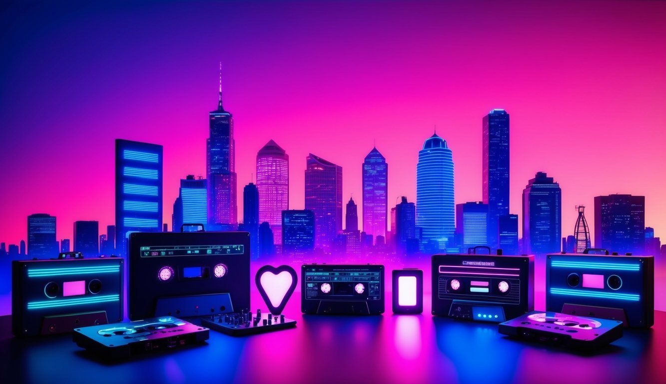 Neon cityscape with cassette tapes and a glowing heart in the foreground