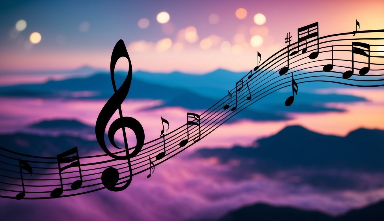 Musical notes and treble clef over a blurred mountain landscape