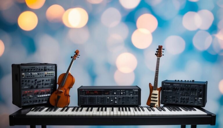 Keyboard, violin, guitar, and electronic equipment on a table