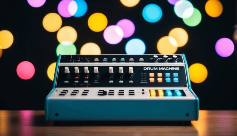 A blue and white drum machine with colorful bokeh background