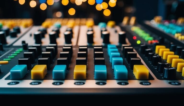 Close-up of a sound mixing board with colorful sliders and knobs