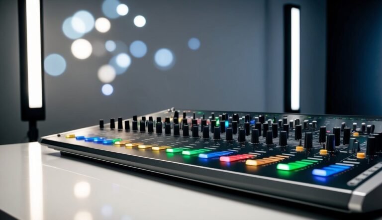 Close-up of a modern audio mixing console with colorful illuminated buttons