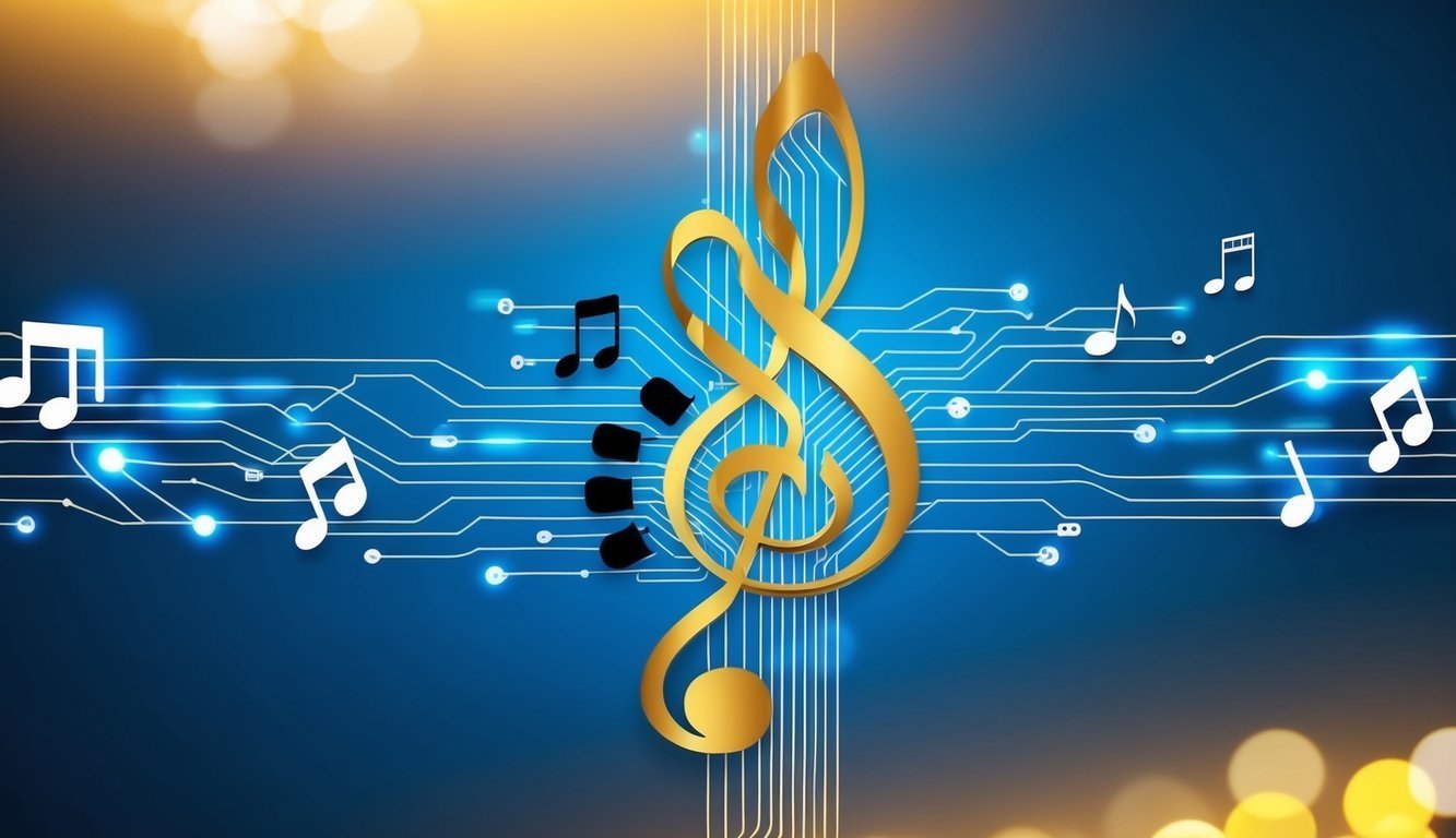 Golden treble clef with musical notes on a circuit board background