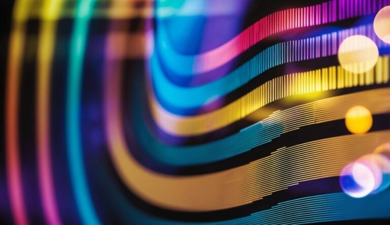 Abstract image of colorful, curved lines with vertical bars and bokeh