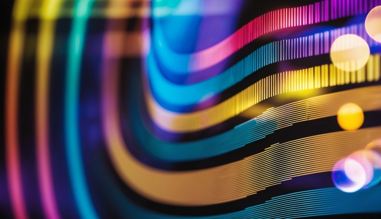 Abstract image of colorful, curved lines with vertical bars and bokeh