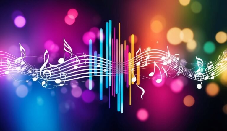 Musical notes and colorful bars on a vibrant, bokeh background