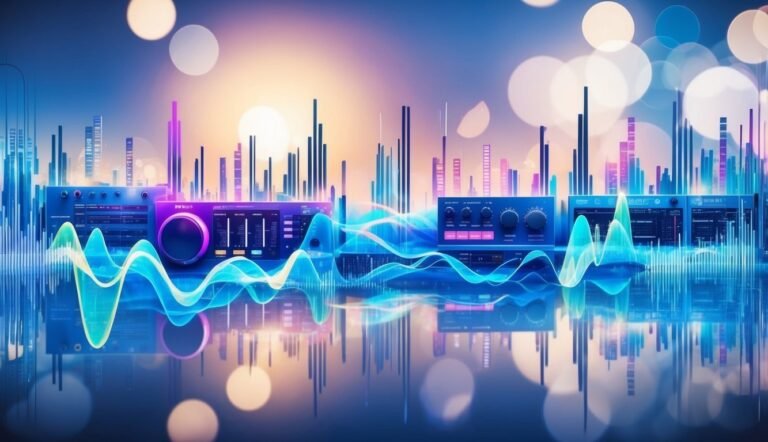 Abstract image of sound equipment, waveforms, and city skyline reflections