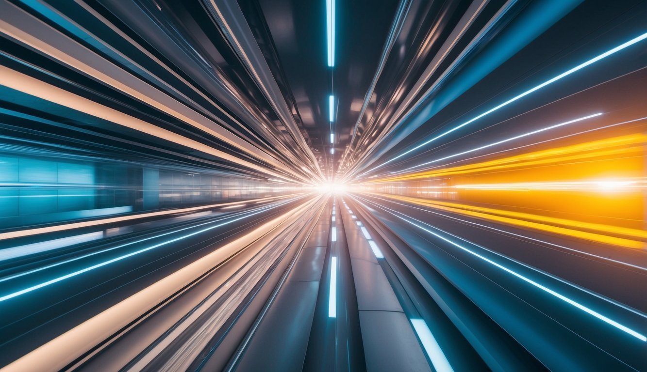 Abstract tunnel with bright light at the end and neon light streaks