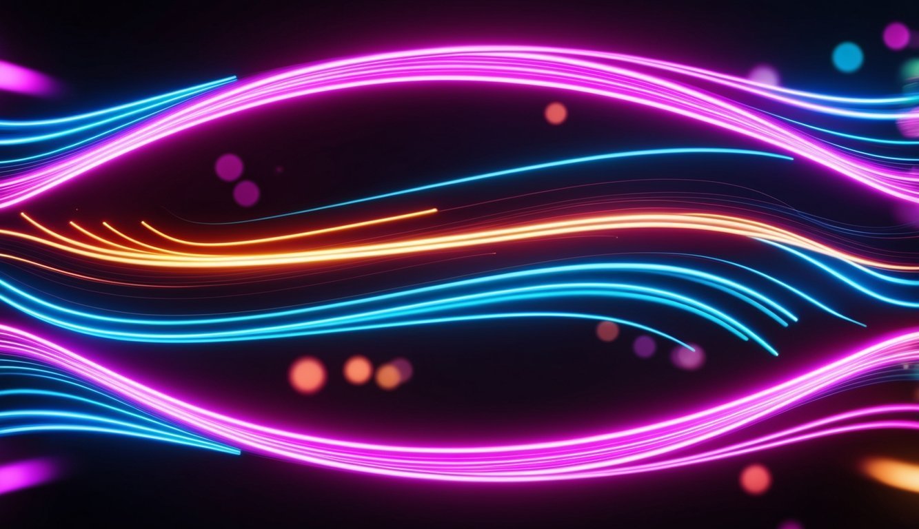 Abstract neon light trails in blue, pink, and orange on black background