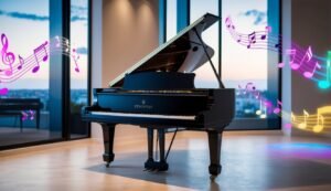 Black grand piano with musical notes floating around it