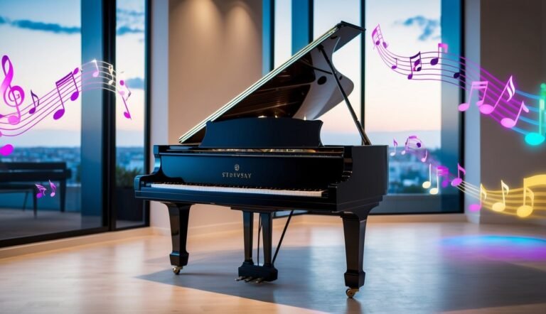 Black grand piano with musical notes floating around it