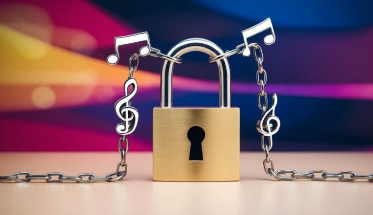 Gold padlock chained with musical notes and treble clefs