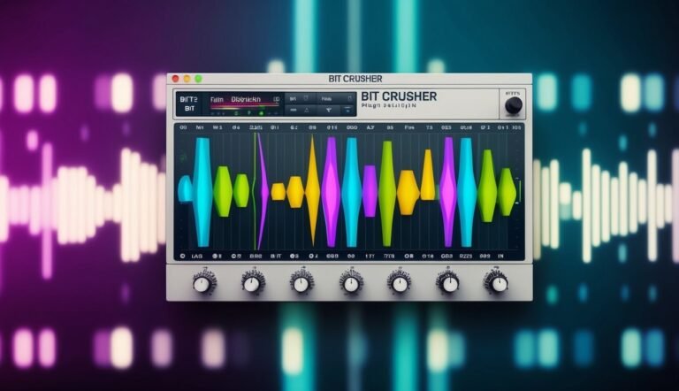 Bit Crusher plugin interface with colorful waveform display and knobs