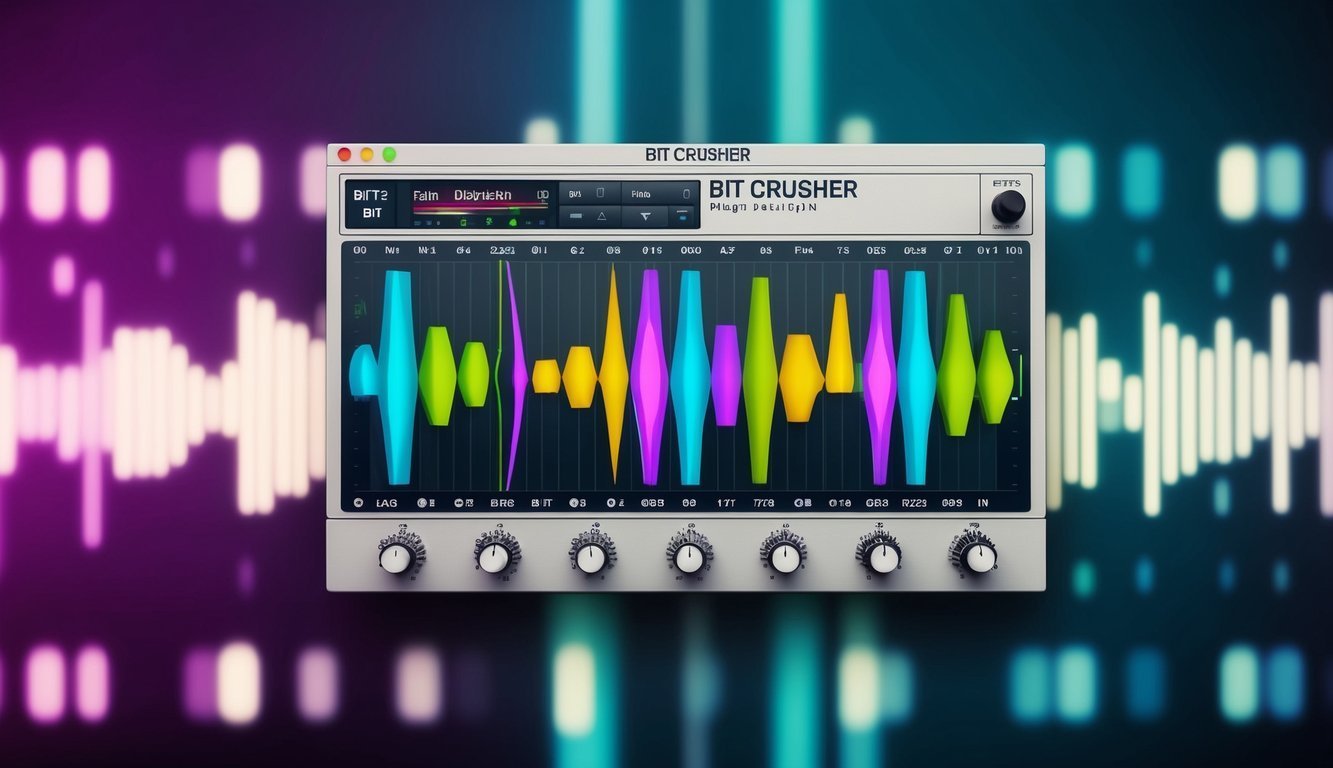 Bit Crusher plugin interface with colorful waveform display and knobs