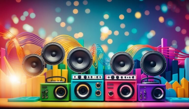 Colorful speakers with sound waves and a vibrant, abstract background