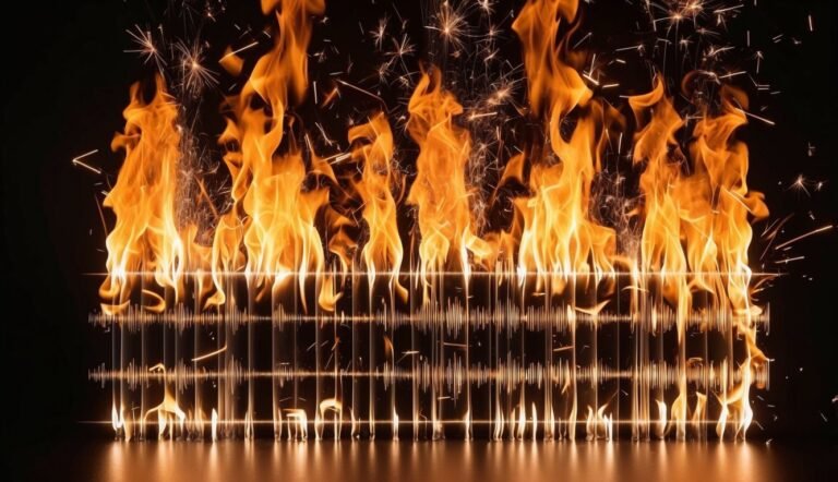 Flames and sparks above a sound wave graphic on a dark background