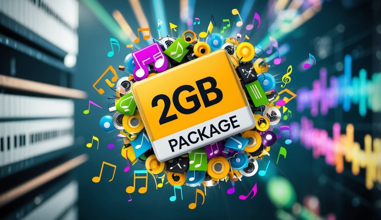 2GB music package with musical notes and sound wave background